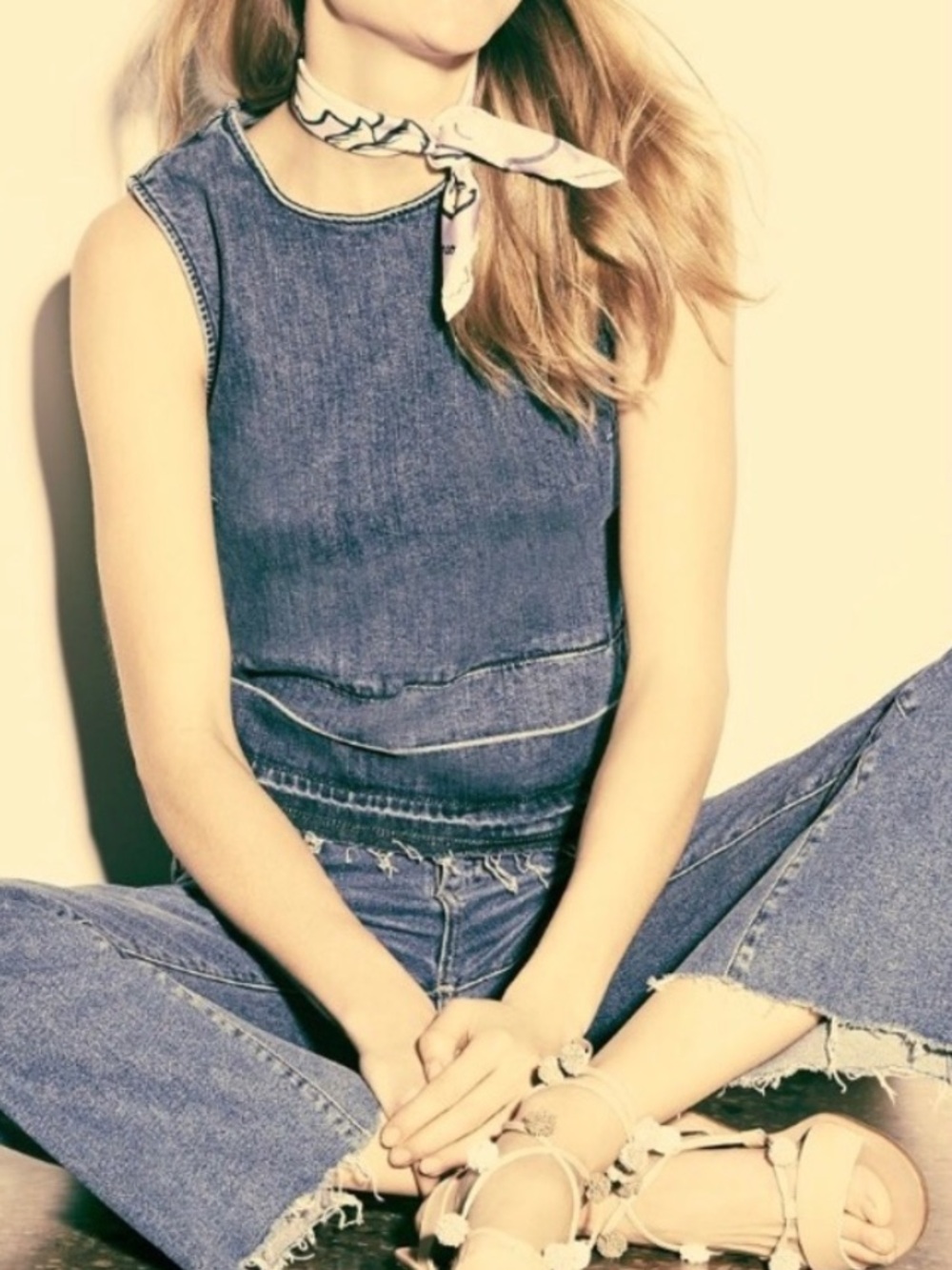 Theory | Women’s Blue Denim Sleeveless Zip Back Raw Hem Crewneck Tank Jean Top S